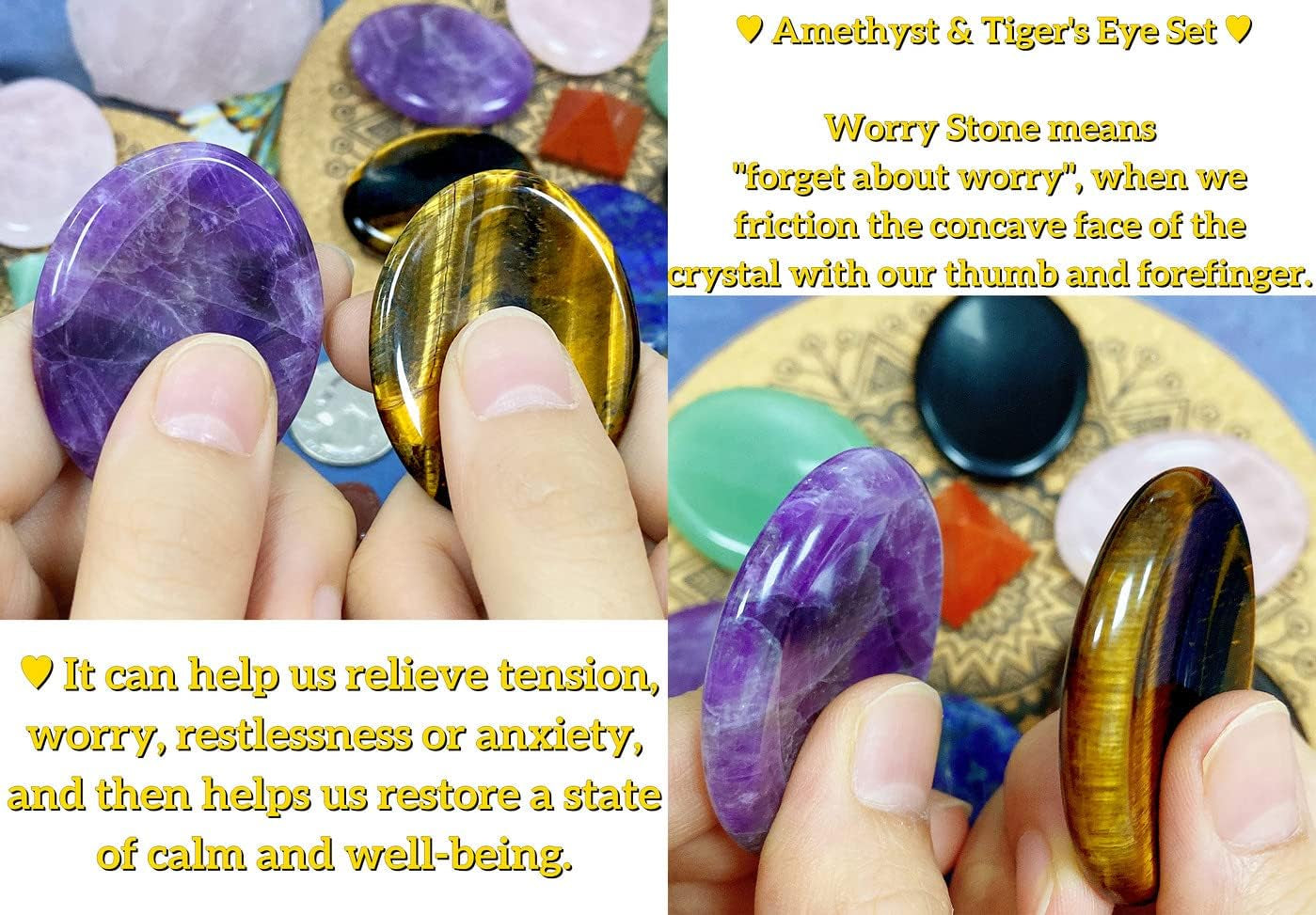 Set of 2 Hand-Carved Worry Stones for Anxiety Relief - Tigers Eye and Amethyst Healing Crystals, Oval Pocket Gemstones for Meditation and Reiki Relaxation