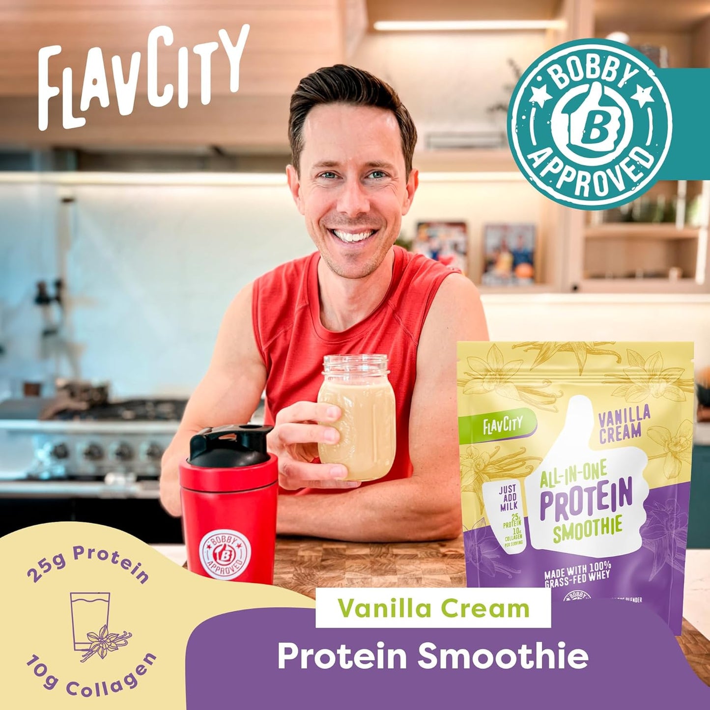 Protein Powder Smoothie, Vanilla - 100% Grass-Fed Whey Protein Smoothie with Collagen (25G of Protein) - Gluten Free & No Added Sugars (29.84 Oz)