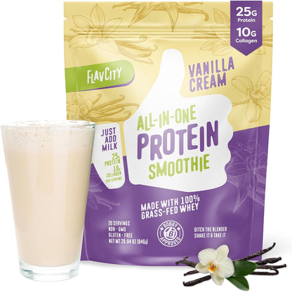 Protein Powder Smoothie, Vanilla - 100% Grass-Fed Whey Protein Smoothie with Collagen (25G of Protein) - Gluten Free & No Added Sugars (29.84 Oz)