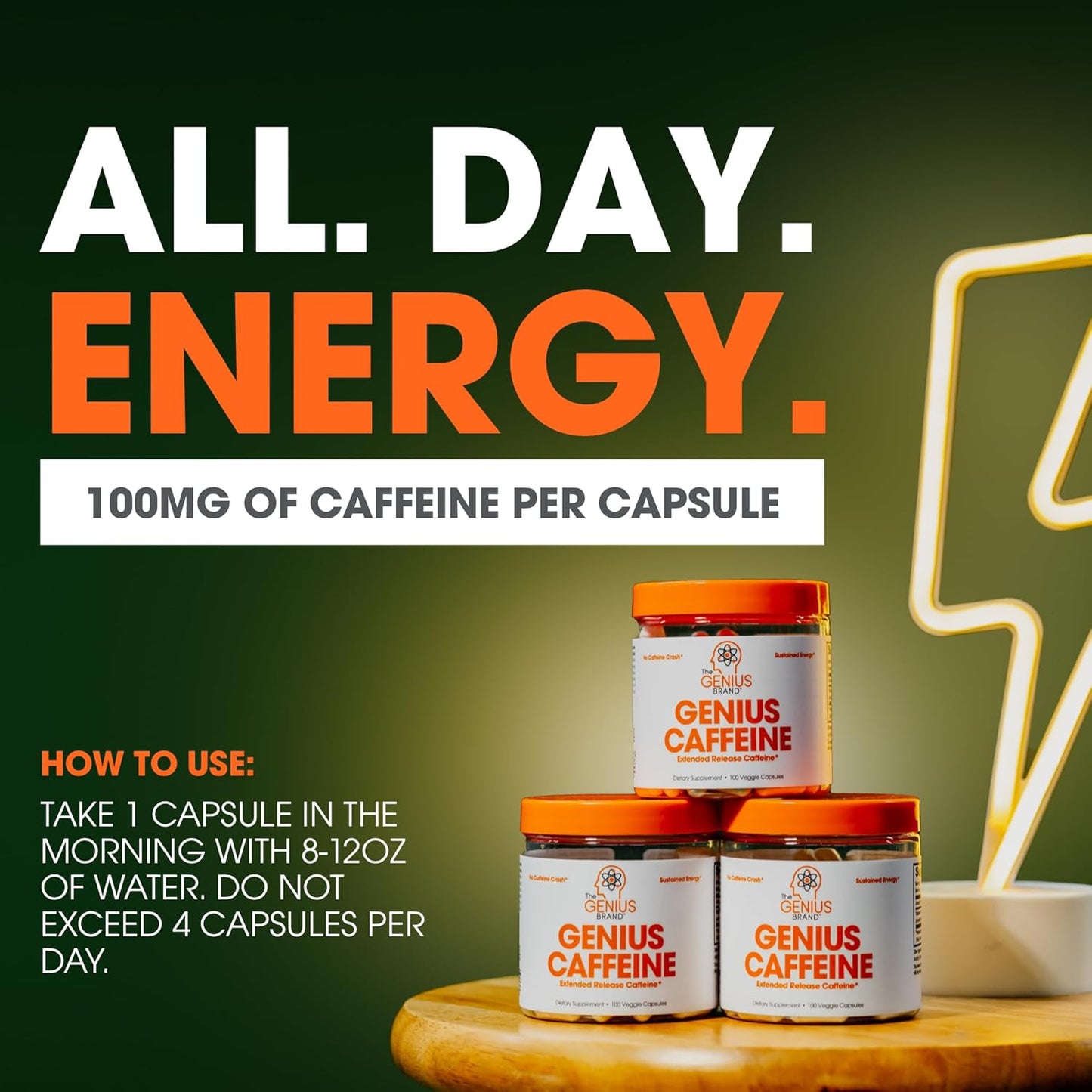 Genius Caffeine Pills 100Mg, Extended-Release Microencapsulated Caffeine Pills - All-Natural Non-Crash Sustained Energy, Focus & Concentration Supplement - Nootropic Brain Booster - 100 Capsules