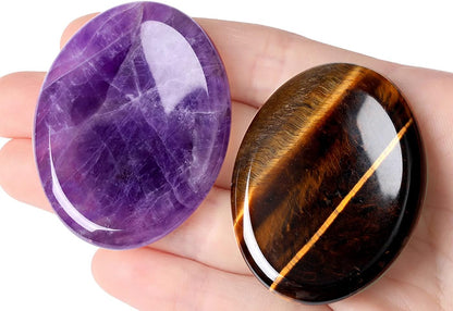 Set of 2 Hand-Carved Worry Stones for Anxiety Relief - Tigers Eye and Amethyst Healing Crystals, Oval Pocket Gemstones for Meditation and Reiki Relaxation