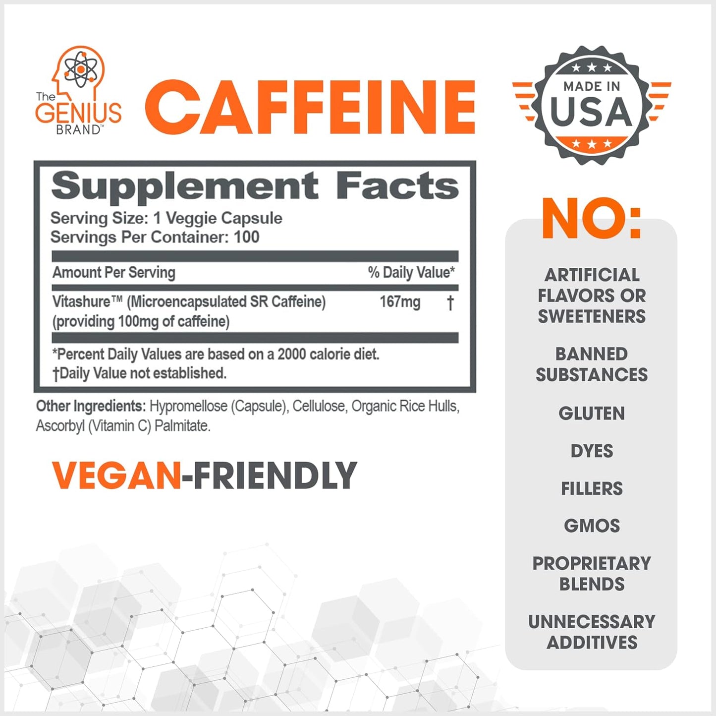 Genius Caffeine Pills 100Mg, Extended-Release Microencapsulated Caffeine Pills - All-Natural Non-Crash Sustained Energy, Focus & Concentration Supplement - Nootropic Brain Booster - 100 Capsules