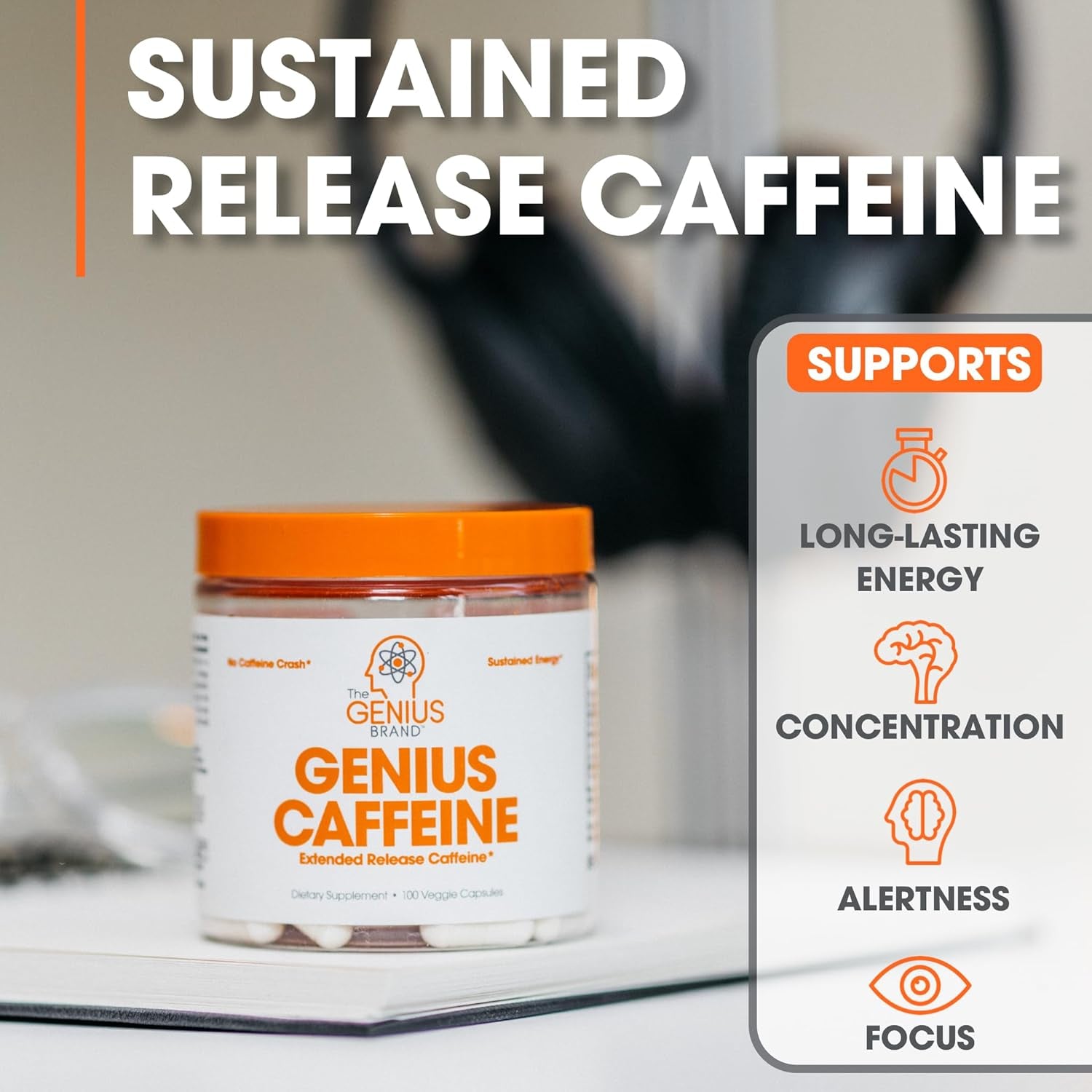 Genius Caffeine Pills 100Mg, Extended-Release Microencapsulated Caffeine Pills - All-Natural Non-Crash Sustained Energy, Focus & Concentration Supplement - Nootropic Brain Booster - 100 Capsules